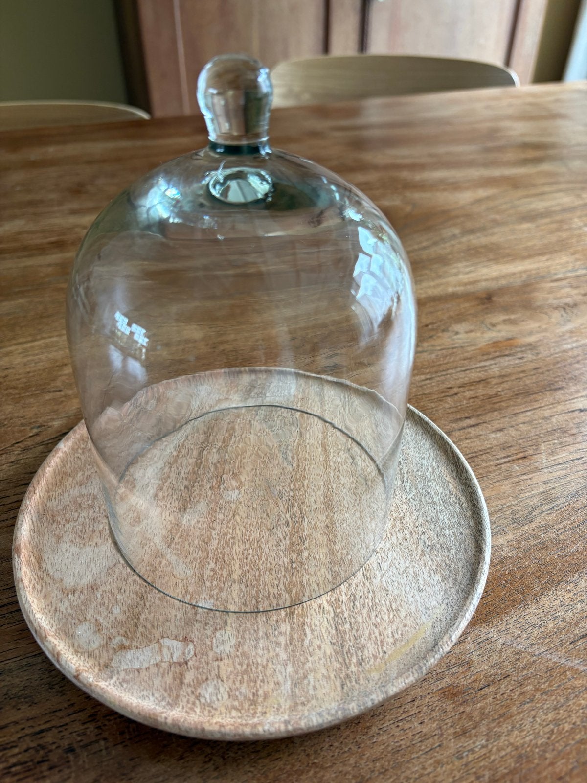 Glazen stolp met houten onderzetter, ca. 18 cm hoog, Ophalen of Verzenden, Gebruikt, Glas
