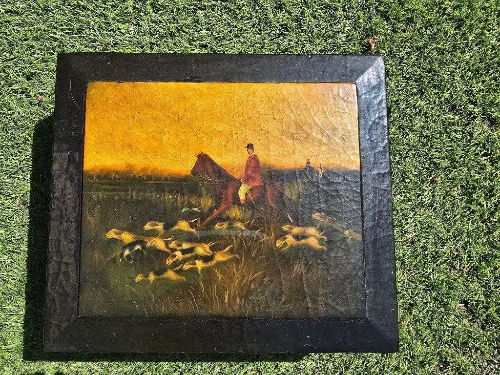 Kist met schilderij paard, ruiter en honden., Overige ondergronden, Dieren, Ophalen of Verzenden, Handgeschilderd