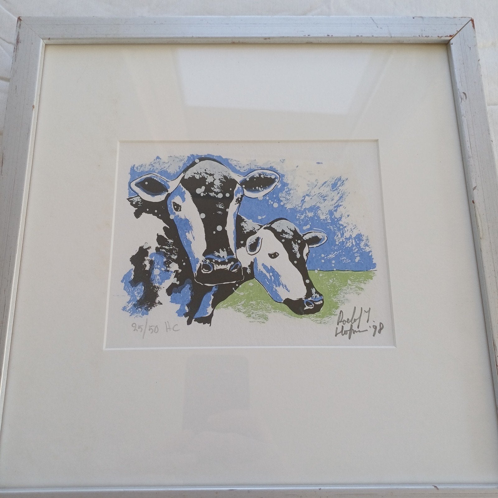 Gesigneerde zeefdruk van Roel J. Hofman - Koeien, Antiek en Kunst, Ingelijst, 1950 - 1999, Ophalen of Verzenden, Flora en Fauna