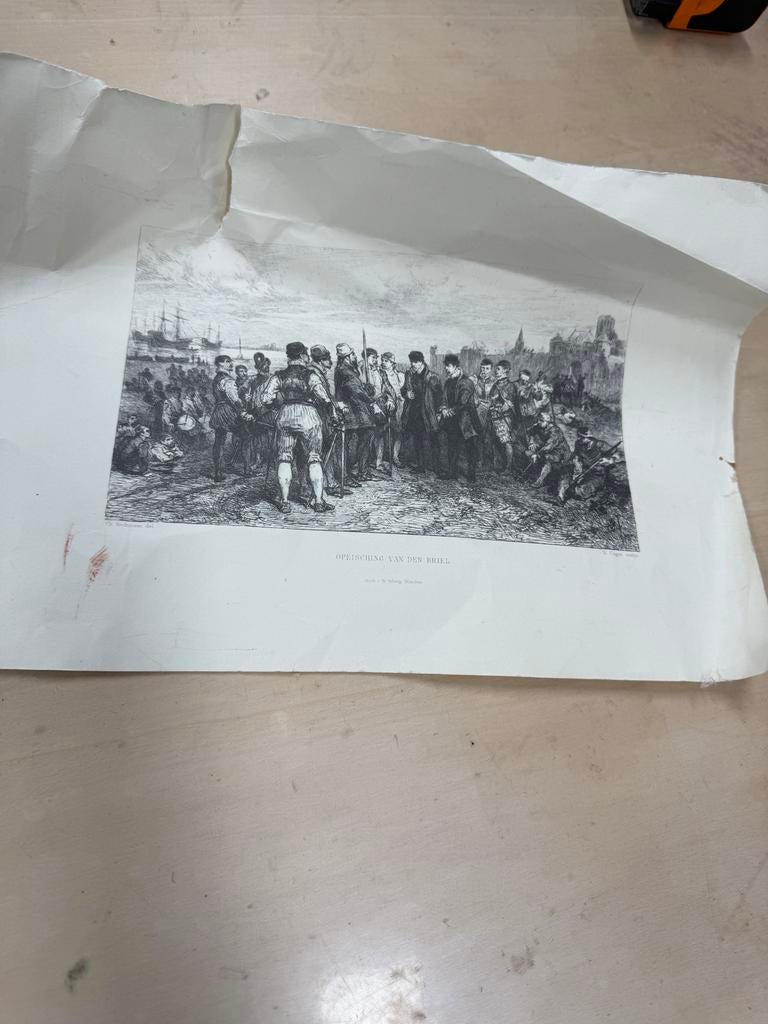 Opeisching van Den Briel - Reproductie 1992, Stadsgezicht, Ophalen of Verzenden, Gravure, Met tekst