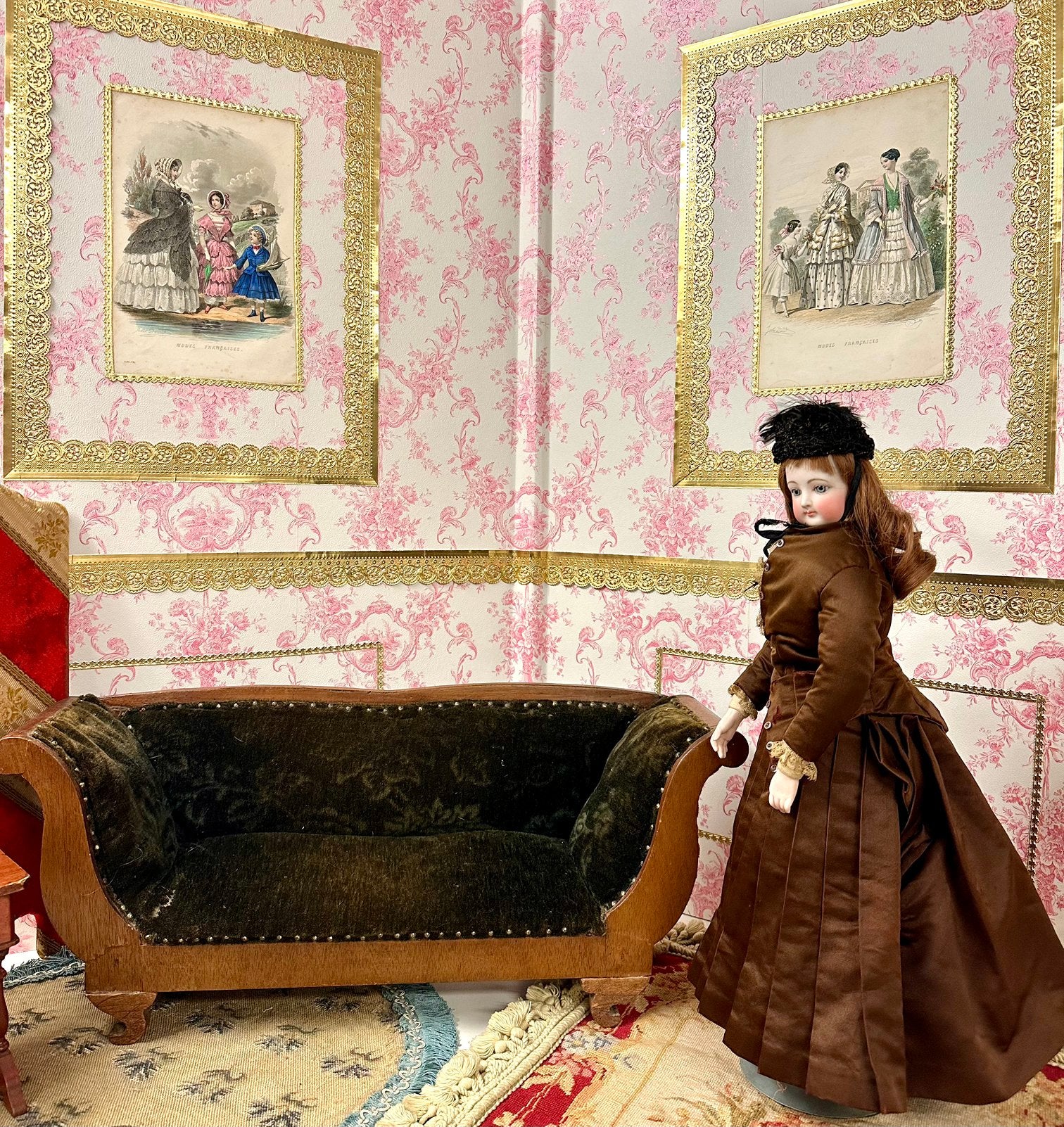 Antieke Biedermeier miniatuur bank, met makers briefje, Ophalen of Verzenden
