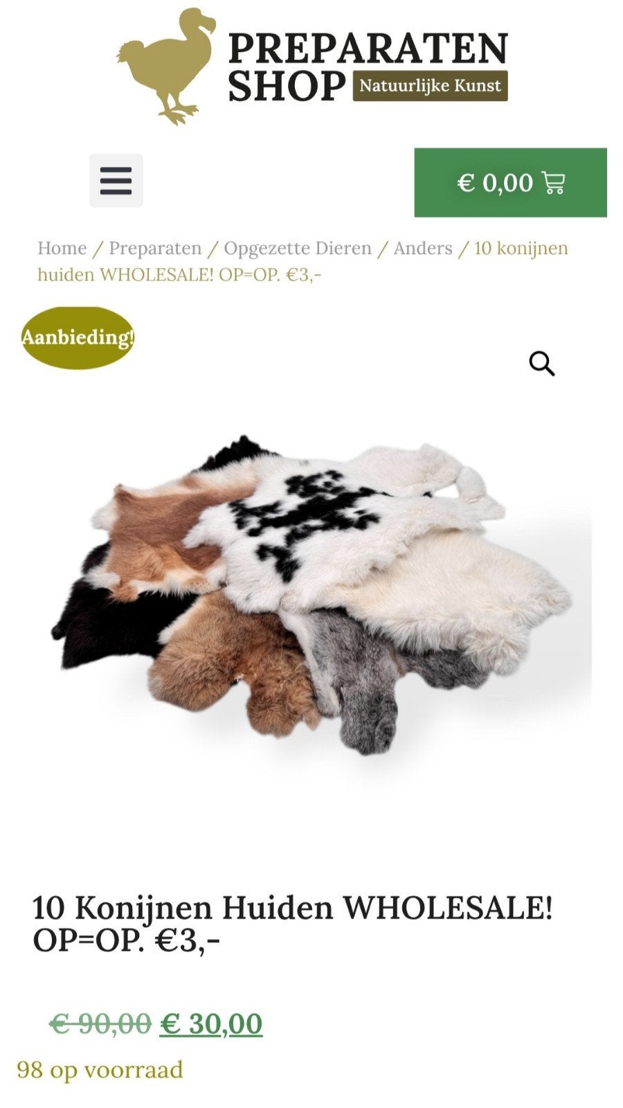 Wholesale prijs Konijn huidjes €3,- NEW opgezette, Ophalen of Verzenden, Nieuw, Opgezet dier