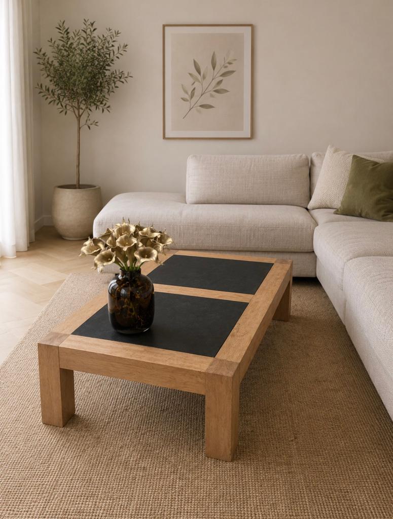 JAPANDI STIJL HARDSTEEN / NATUURSTEEN EIKEN HOUT SALONTAFEL, 100 tot 150 cm, Zo goed als nieuw, Overige materialen, Minder dan 50 cm