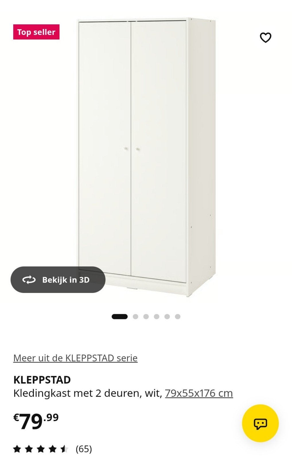 IKEA KLEPPSTAD Kledingkast - Wit, 79x55x176 cm, Huis en Inrichting, Ophalen, Met deur(en), Gebruikt, Modern, functioneel