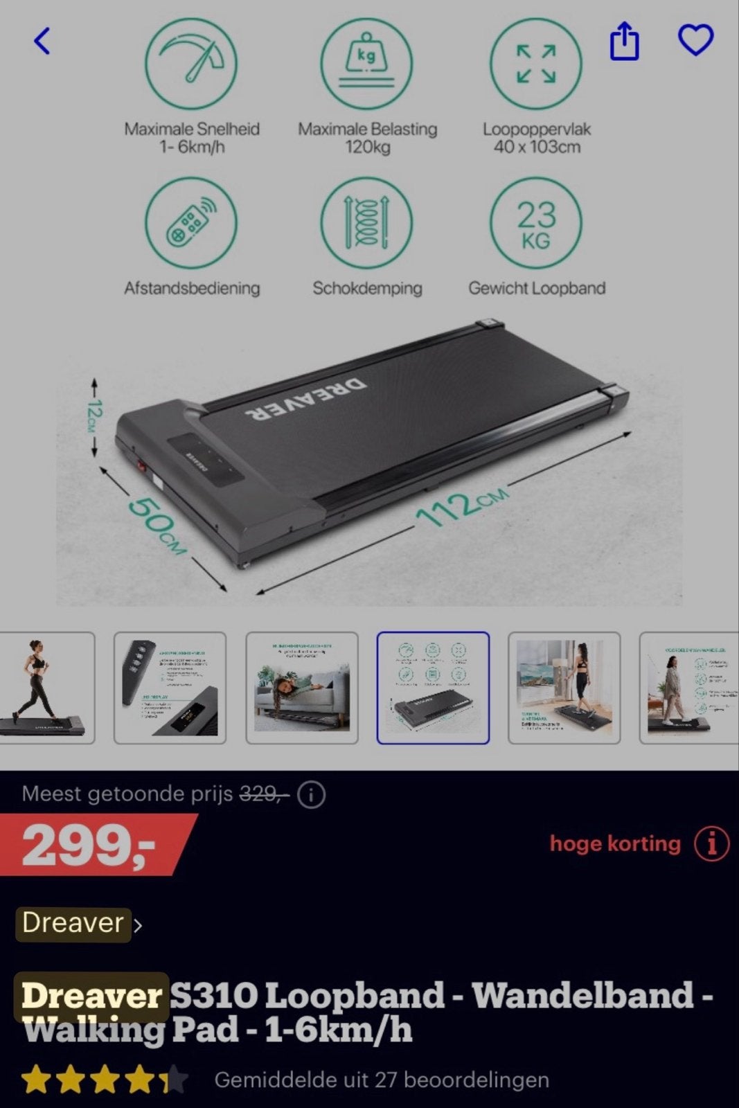 Dreaver S310 loopband  1-6km/h, Ophalen of Verzenden, Zo goed als nieuw, Metaal, Loopband