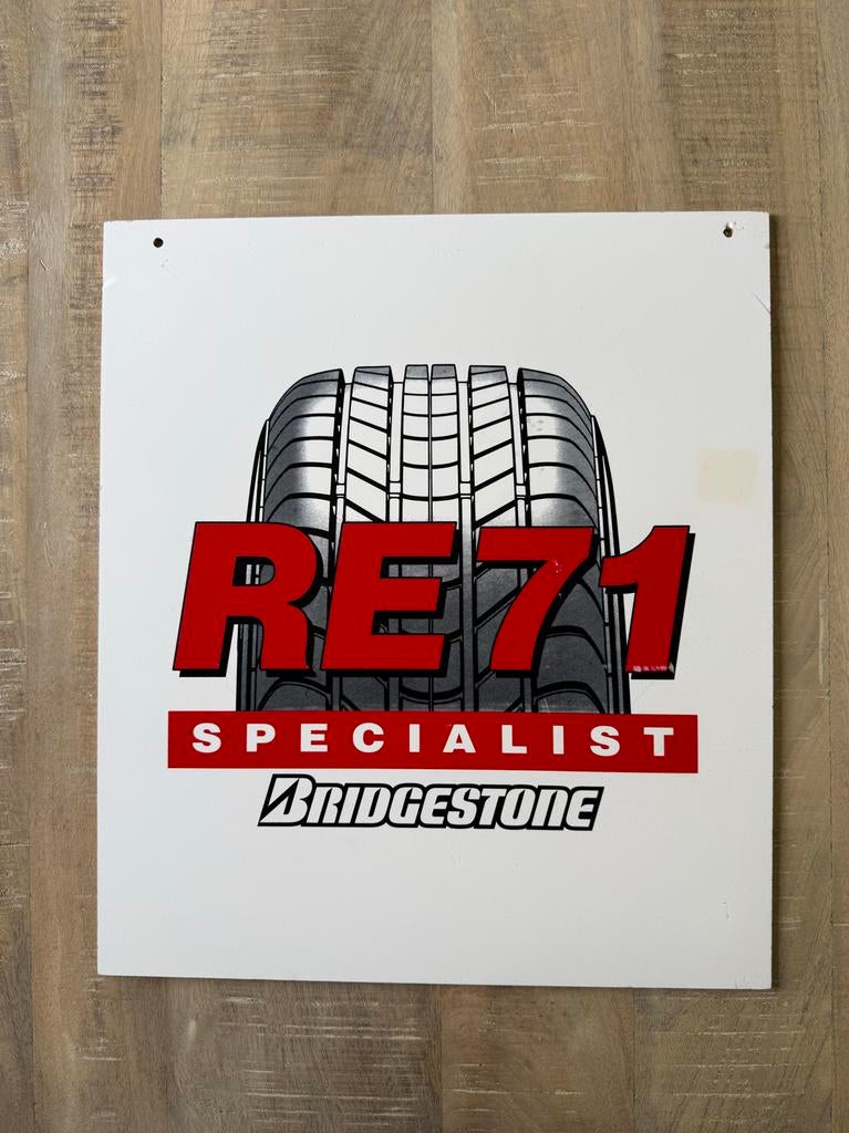 Bridgestone RE71 reclamebord –  mancave garage decoratie, Ophalen of Verzenden, Zo goed als nieuw, Reclamebord