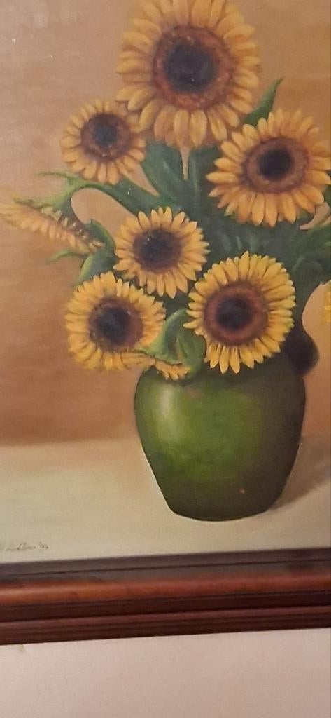 Schilderij Zonnebloemen in Vaas, Ophalen of Verzenden