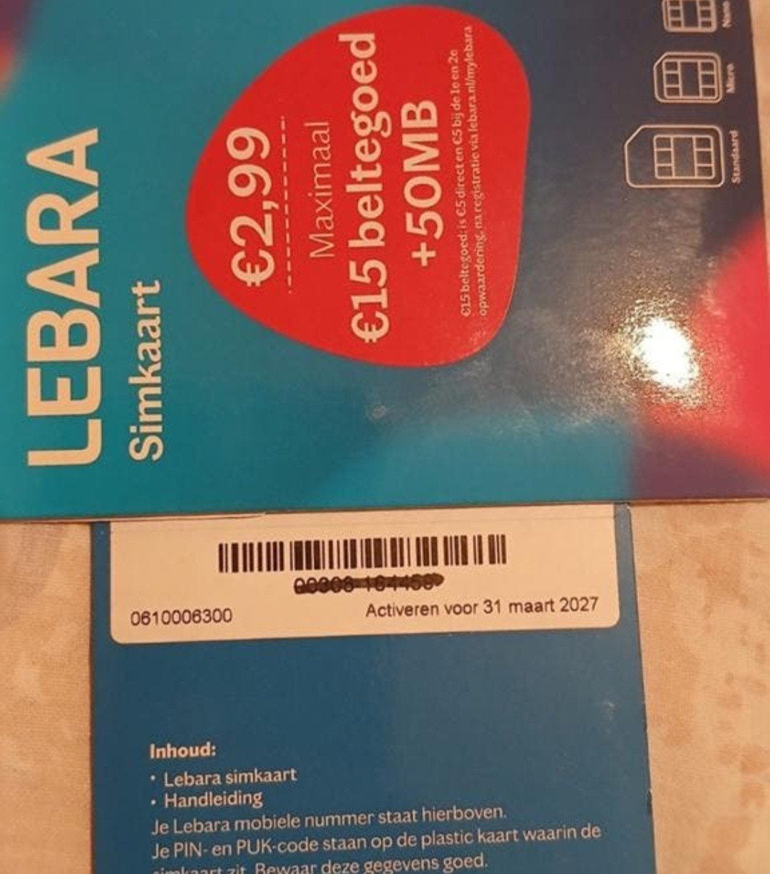 0610006300 MOOI NUMMER LEBARA PREPAID SIMKAART NUMMER, Telecommunicatie, Ophalen of Verzenden, Nieuw, KPN, Simkaart