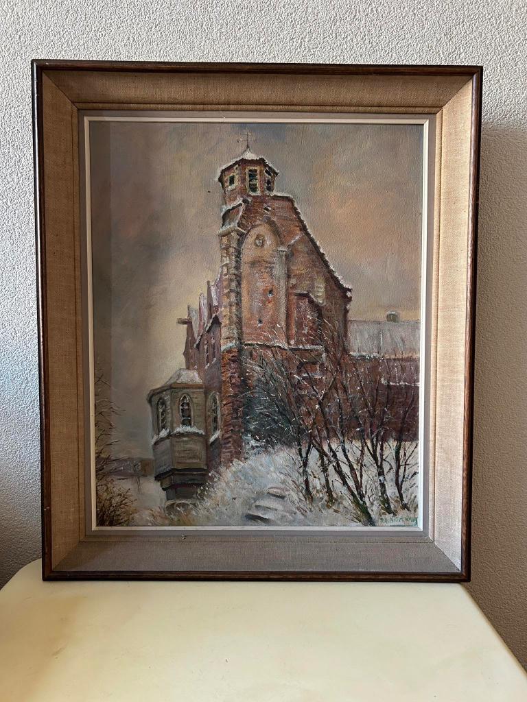 Olieverfschilderij vervallen kerk in winter 56x65cm, Ophalen of Verzenden