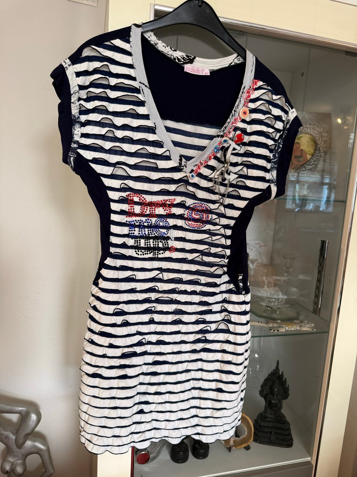 Gestreept jurkje met ruches en decoratieve details maat S/M, Blauw, Ophalen of Verzenden, Zo goed als nieuw, Maat 36 (S)
