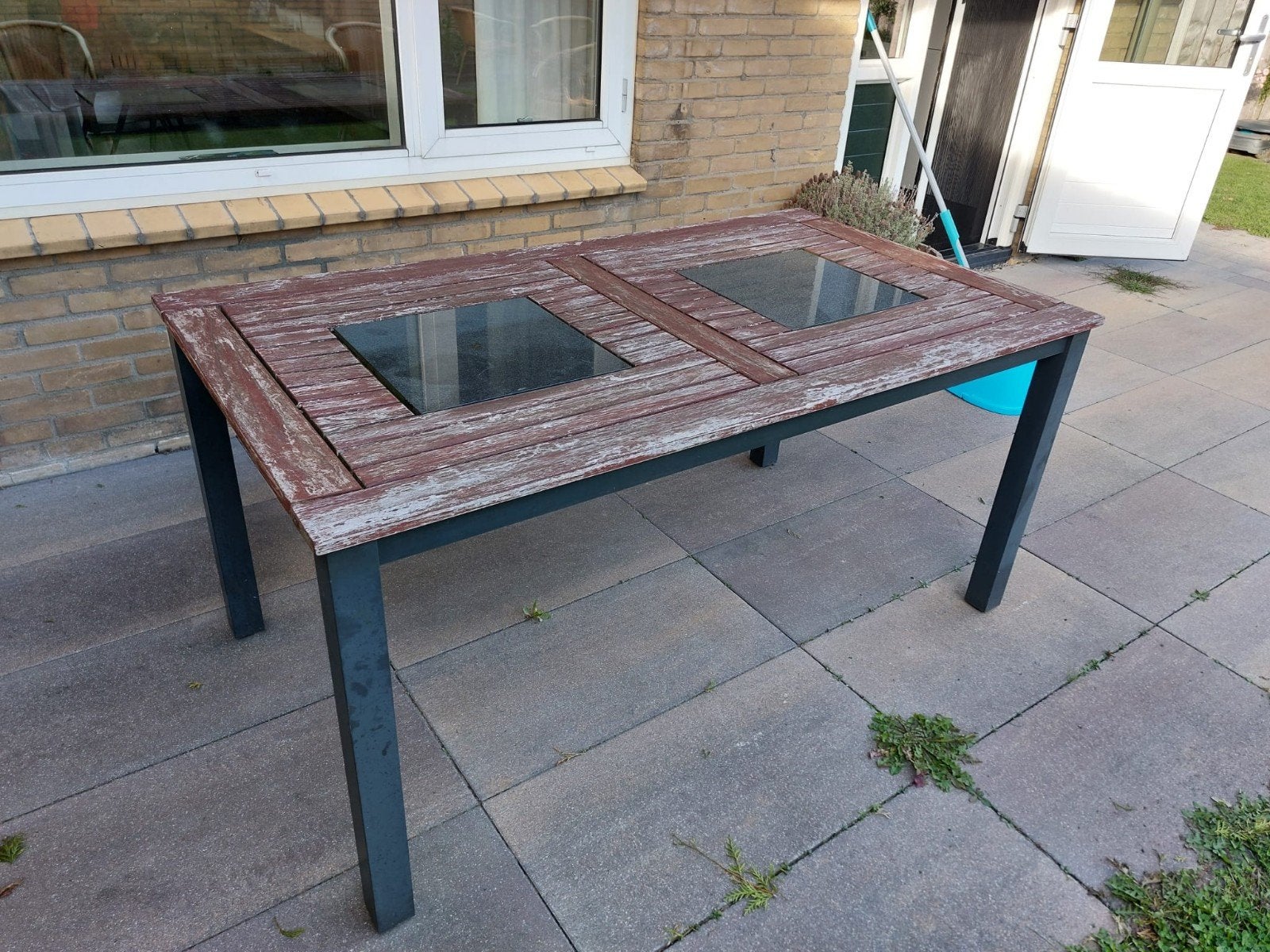 Gratis Teakhouten Tafel met Natuursteen Inzetstukken 4 pers., Ophalen, Gebruikt, Teakhout