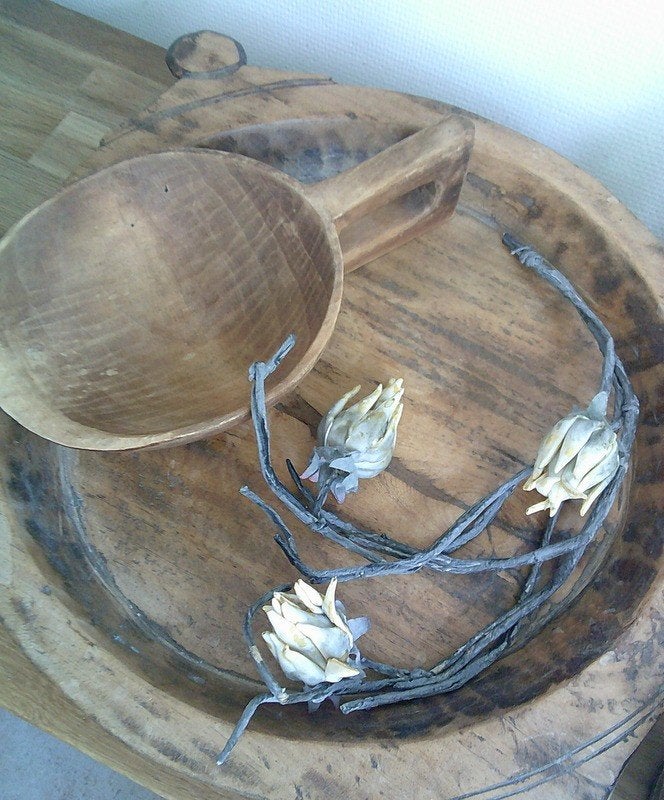 Brocante houten schep dubbel handsvat, Antiek en Kunst, Ophalen of Verzenden