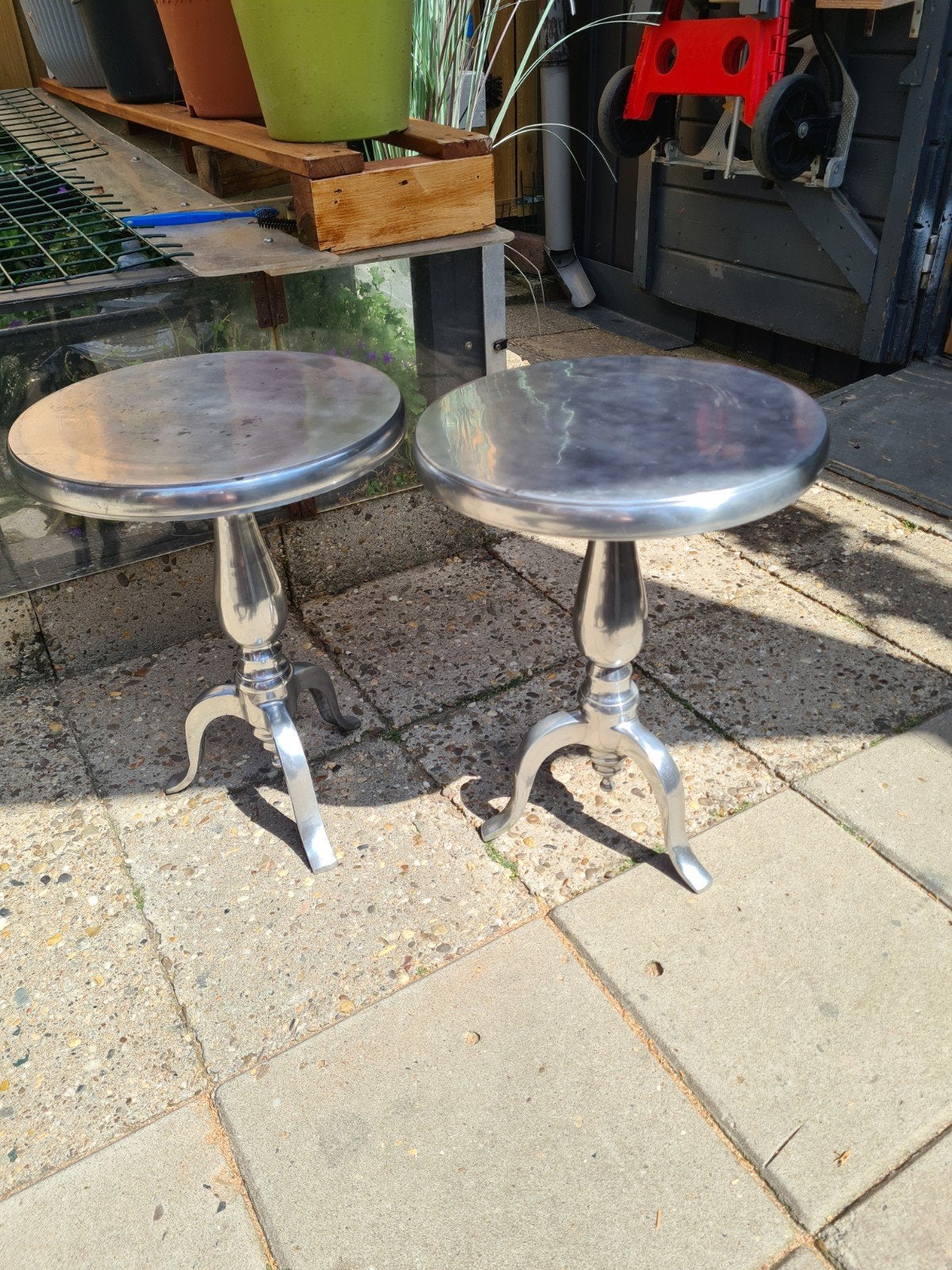 Set van 2 aluminium bijzettafels - Ø 30 cm, H 41 cm, Huis en Inrichting, Tafels | Bijzettafels, Ophalen, Minder dan 45 cm, Gebruikt
