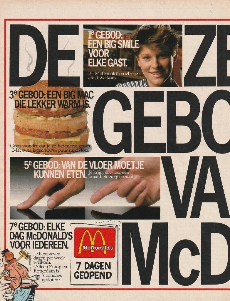 Retro reclame 1986 McDonald's de 7 geboden & stripfiguur, Verzamelen, Retro, Overige typen, Verzenden