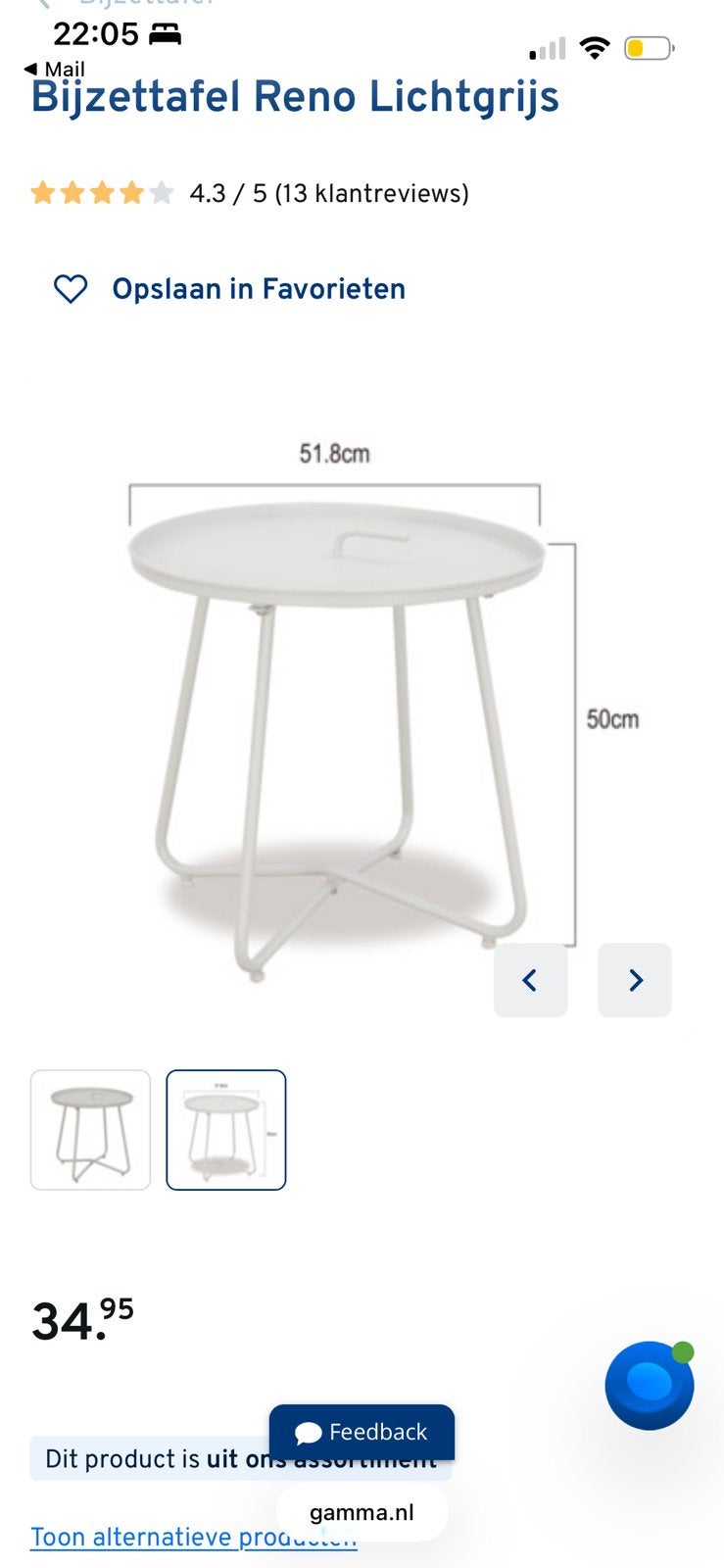 Bijzet tuintafel Gamma, Minder dan 55 cm, Rond, Zo goed als nieuw, Ophalen