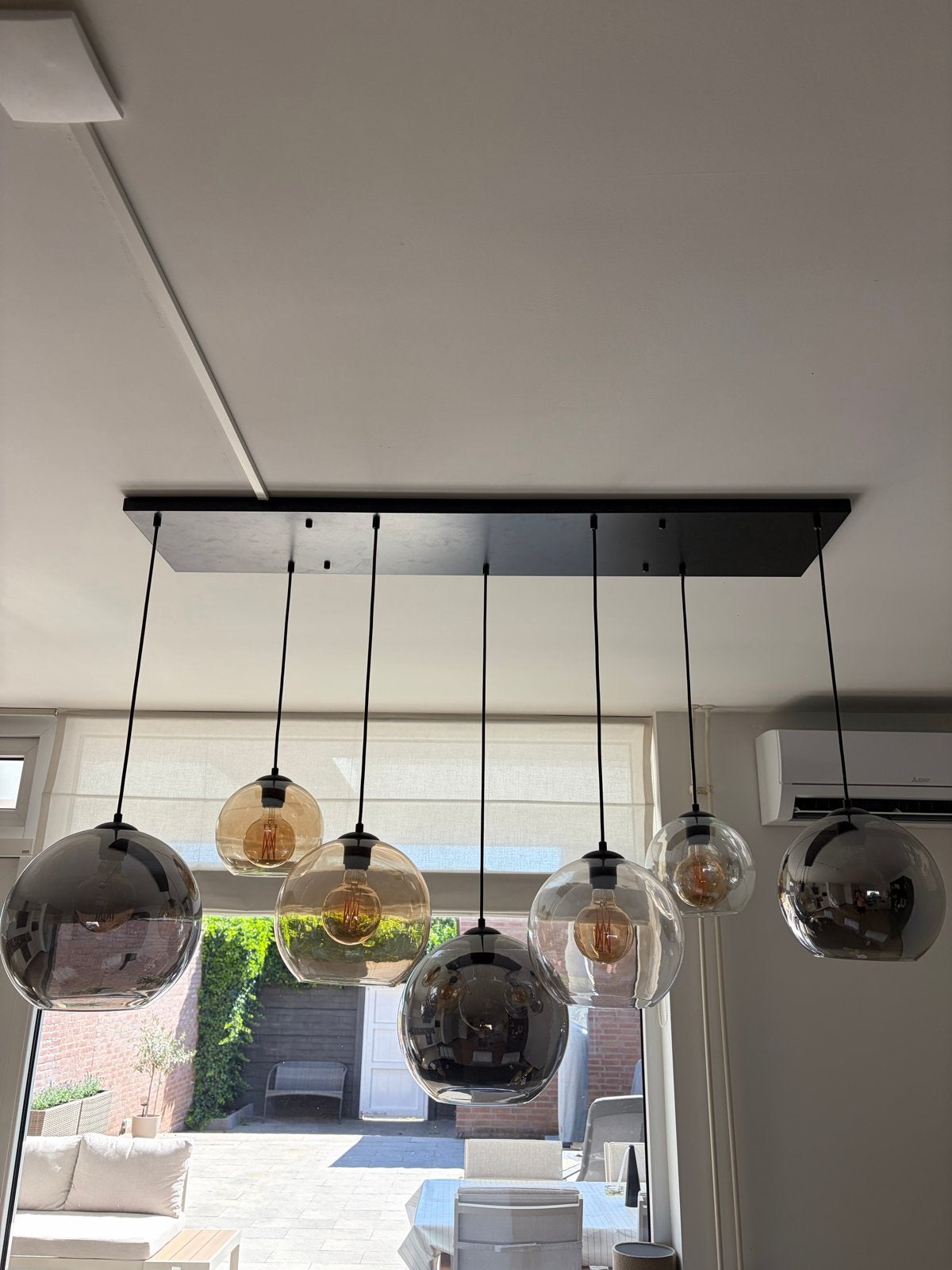 SOHOME Hanglamp met 7 glazen bollen - Zwart/Smoke/Amber, Ophalen, Zo goed als nieuw, Glas, E27 (groot)