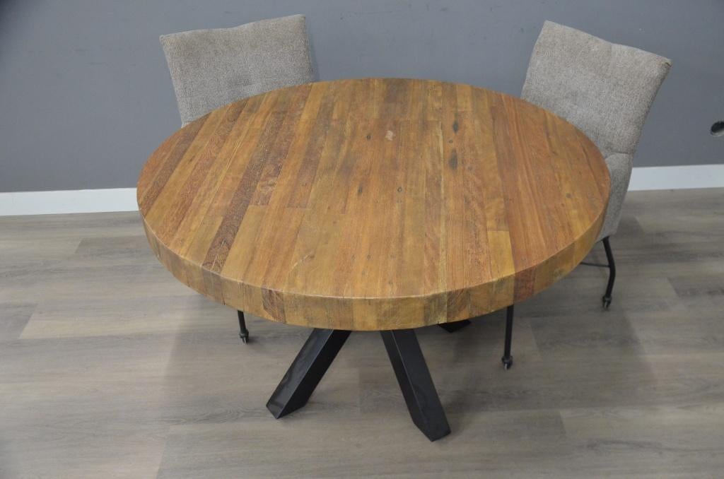 Ronde eettafel teak blad 130 en140 cm 9 cm dik!, Huis en Inrichting, Verzenden, Rond, Nieuw, Metaal