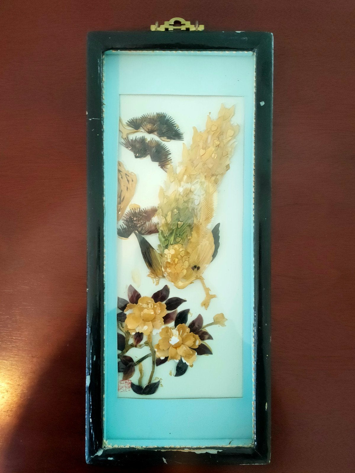 Vintage Chinese 3D Schelpen Kunst In Lijst Pauw & Pioenrozen, Antiek en Kunst, Wanddecoratie, Natuurlijk materiaal, Gemerkt, Ophalen of Verzenden