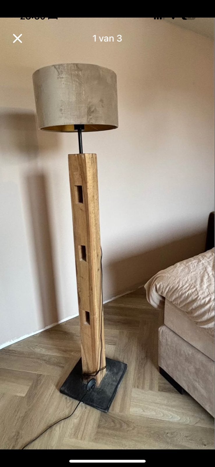 Houten vloerlamp met stoffen kap, Huis en Inrichting, Lampen | Vloerlampen, Ophalen, Gebruikt, E27 (groot), 150 tot 200 cm