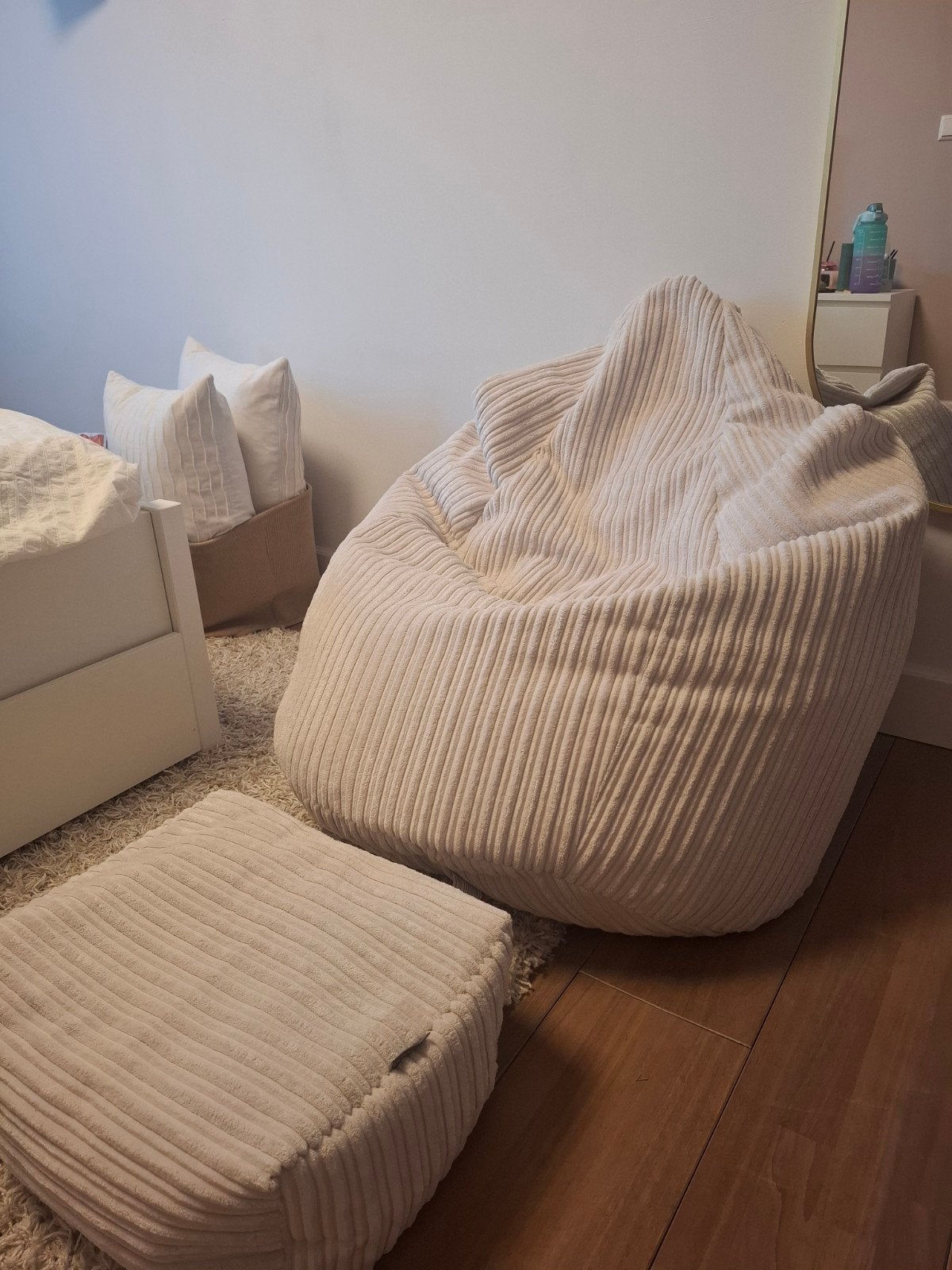 Lounge Pug Zitzak Gaming Stoel Corduroy Ivoor met poef, Huis en Inrichting, Ophalen, Zo goed als nieuw, Wit, Zitzak