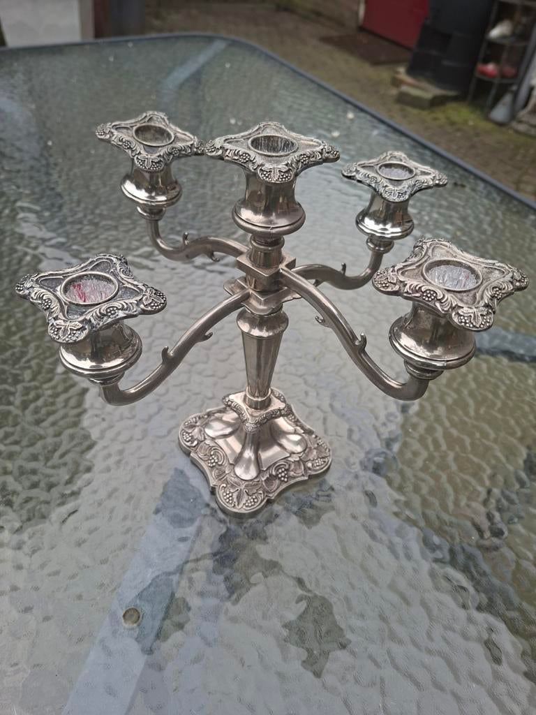 Gemerkte zware kristallen Zilveren kandelaar voor 5 kaarsen, Antiek en Kunst, Ophalen of Verzenden, Zilver