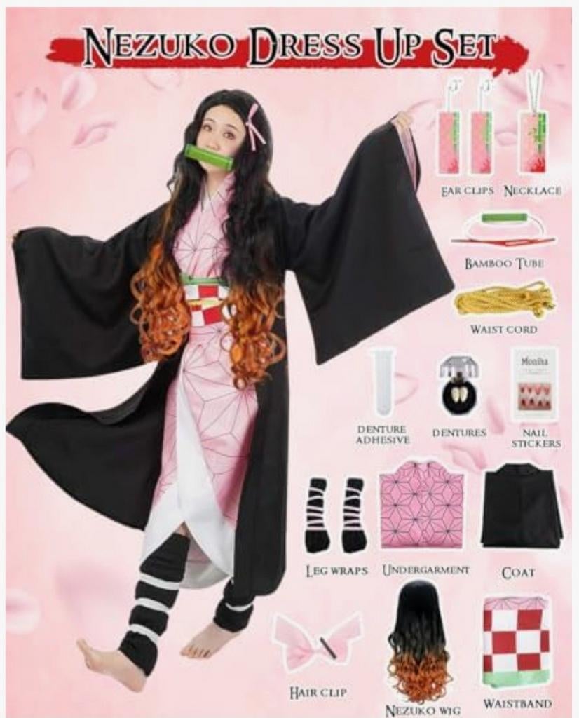 Compleet Nezuko Kamado Cosplay Kostuum Set Demon Slayer anim, Maat 38/40 (M), Carnaval, Nieuw, Ophalen of Verzenden