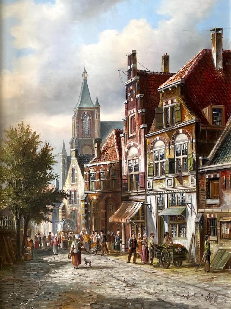 Nostalgische strand- en stadsgezichten - John Haanstra, Antiek en Kunst, Paneel, Oud hollands, Ophalen of Verzenden, Gesigneerd