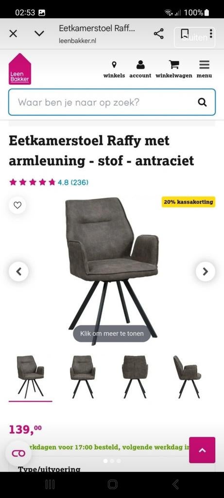 Eetkamerstoel Raffy antraciet - Zo goed als nieuw!, Huis en Inrichting, Ophalen of Verzenden, Zo goed als nieuw, Stof, Eén