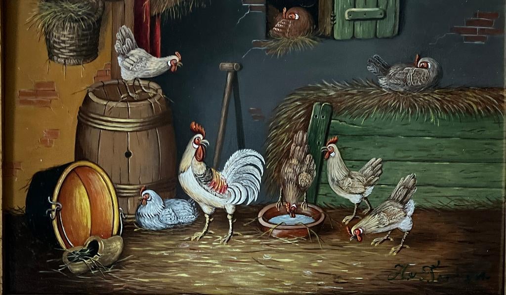 Leuk kippenschilderij op paneel., Ophalen of Verzenden
