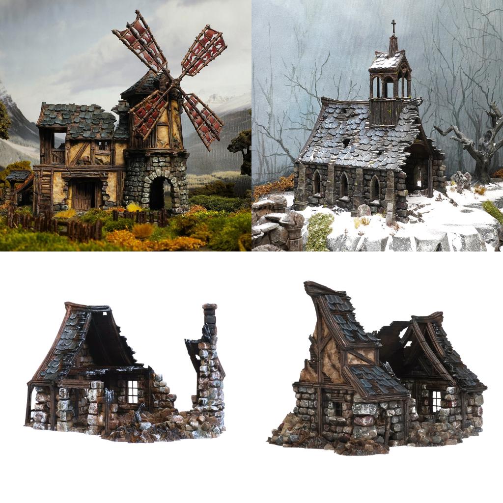 Windmolen Kerk Tavern en huis Ruïnes set Warhammer terrein, Hobby en Vrije tijd, Zelfgemaakt, Figuurtje(s), Warhammer, Ophalen of Verzenden