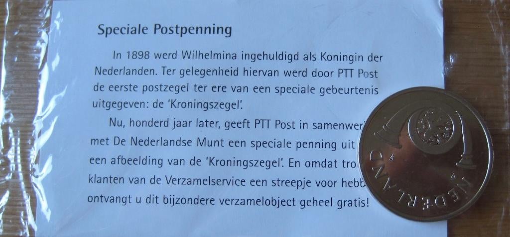 postpenning met afbeelding kroningszegel Wilhelmina - 1998, Postzegels en Munten, Penningen en Medailles, Ophalen of Verzenden