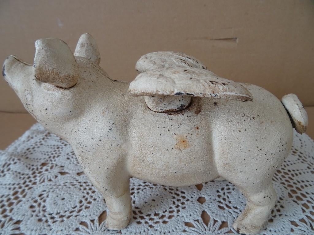 Curiosa vintage gietijzeren spaarpot varken spaarvarken 1960, Ophalen of Verzenden