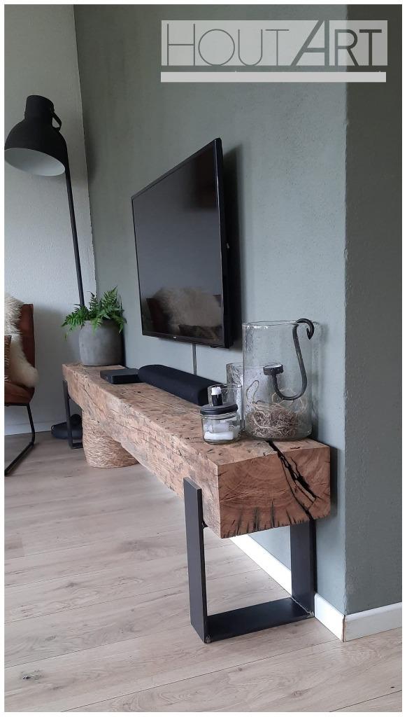 TV-meubel stalen strippoot oud eiken balk / balken, Nieuw, Ophalen of Verzenden, 200 cm of meer, Minder dan 100 cm