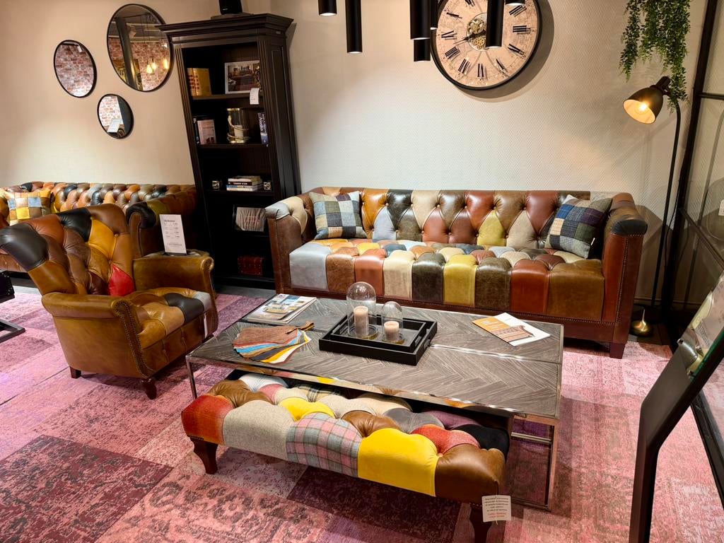 MANCHESTER MULTICOLOR CHESTERFIELD BANKSTEL KUBUS PATCHWORK, Huis en Inrichting, Banken | Bankstellen, Ophalen of Verzenden, Nieuw