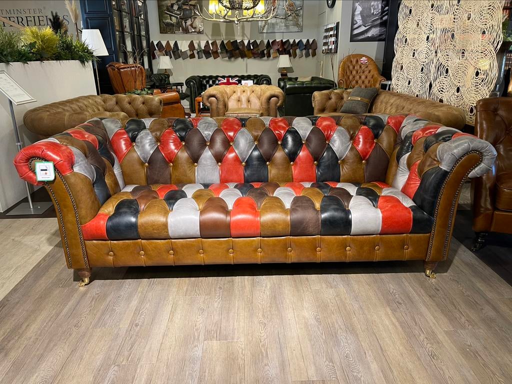 Multicolour chesterfield 3 Zit bank Patchwork leer Kameleon, Nieuw, Ophalen of Verzenden, 200 tot 250 cm, Leer