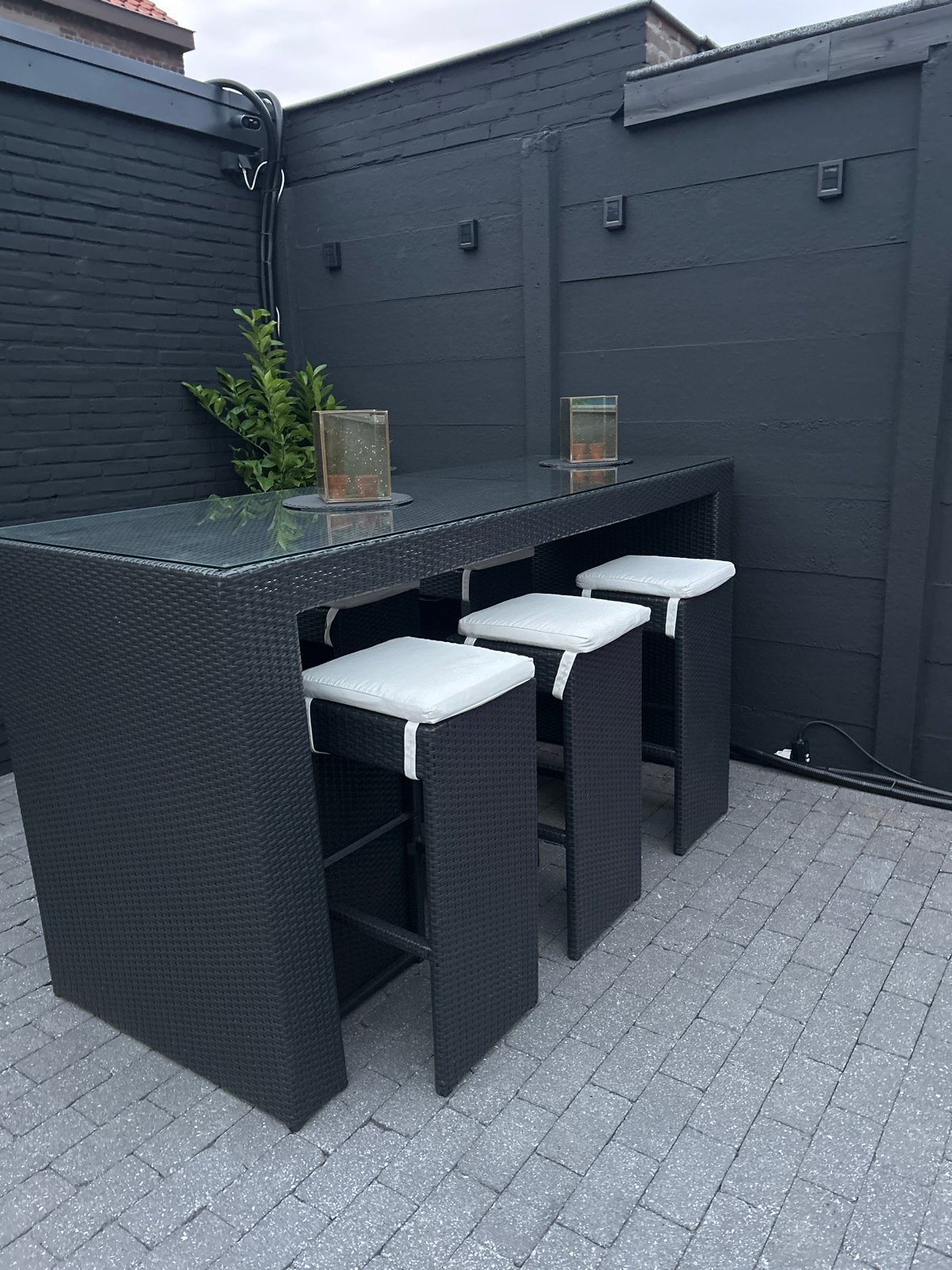 Wicker bartafel met 3 krukken - Zwart, Ophalen, Gebruikt, Rechthoekig, Wicker