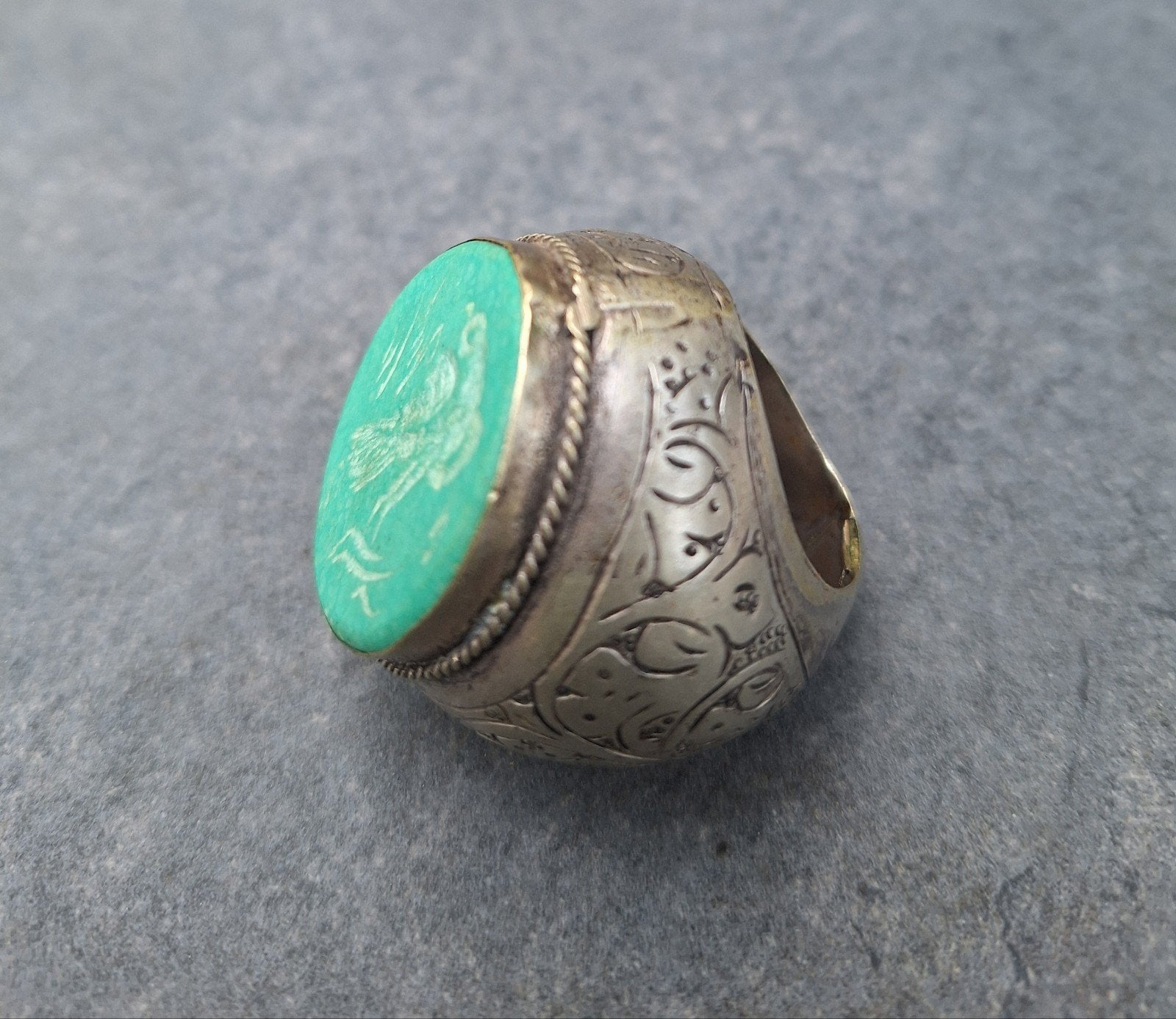 Antieke Zilveren Heren Ring met Turquoise Intaglio, Antiek en Kunst, Ophalen of Verzenden