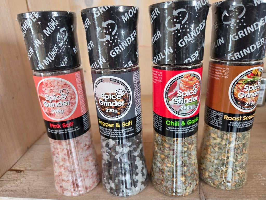 Spice Grinders: Roze Zout, Peper & Zout, Chili & Knoflook, Overige typen, Kunststof, Onbekend, Nieuw