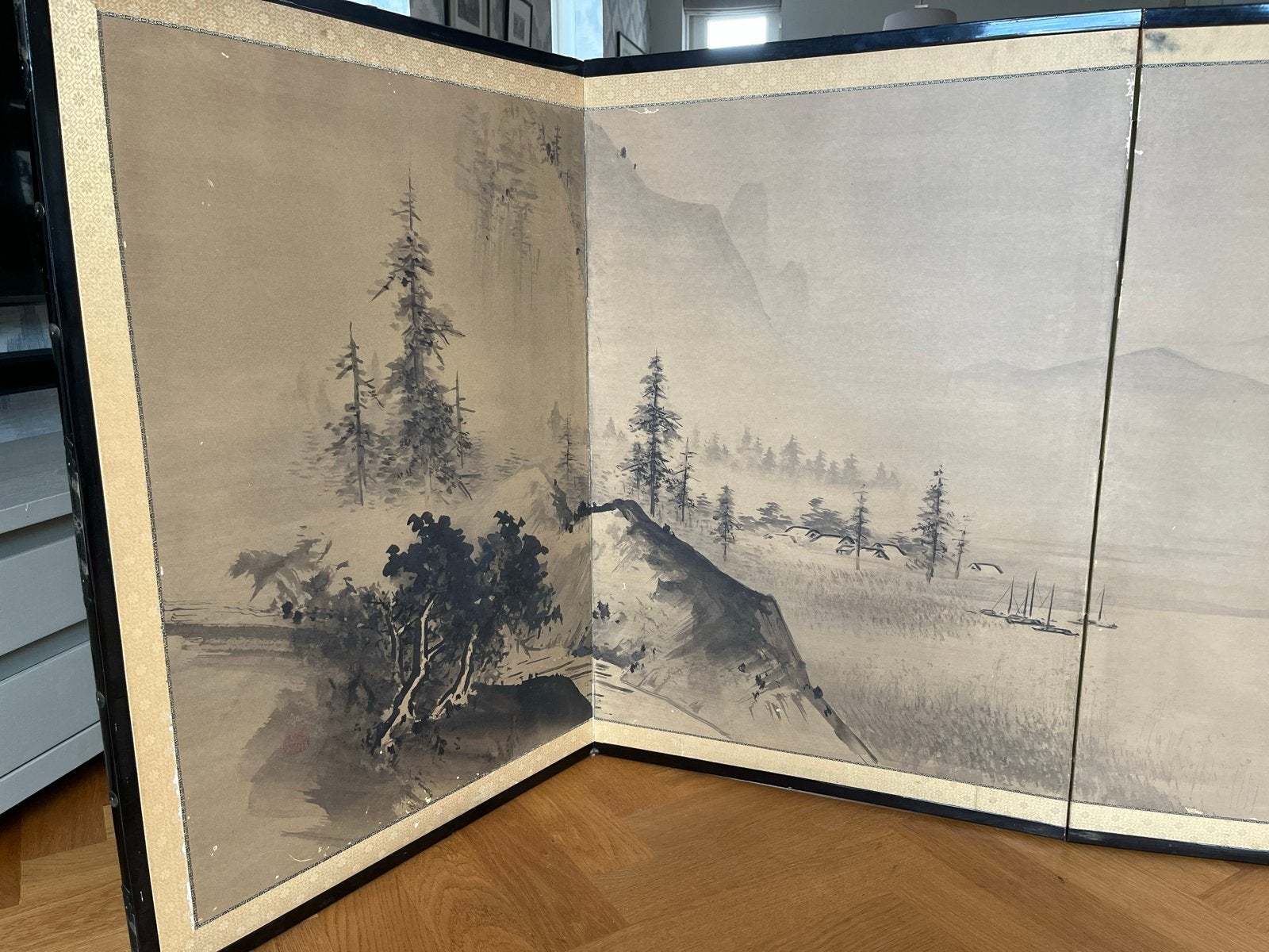Antiek Japans kamerscherm met landschapsschildering, Ophalen of Verzenden