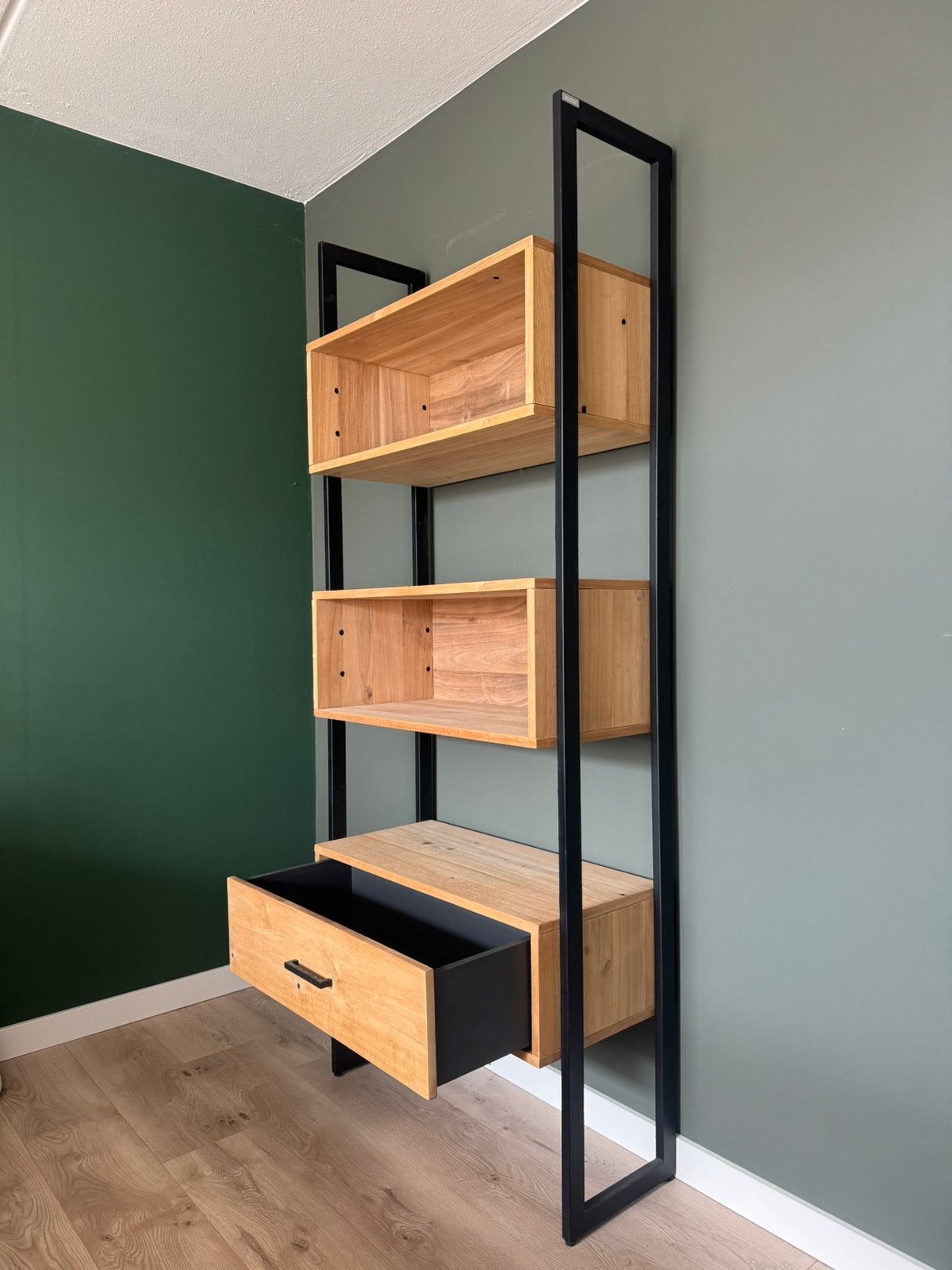 Foto 3 van Boekenkast hout/staal met lade 200x80x34,5