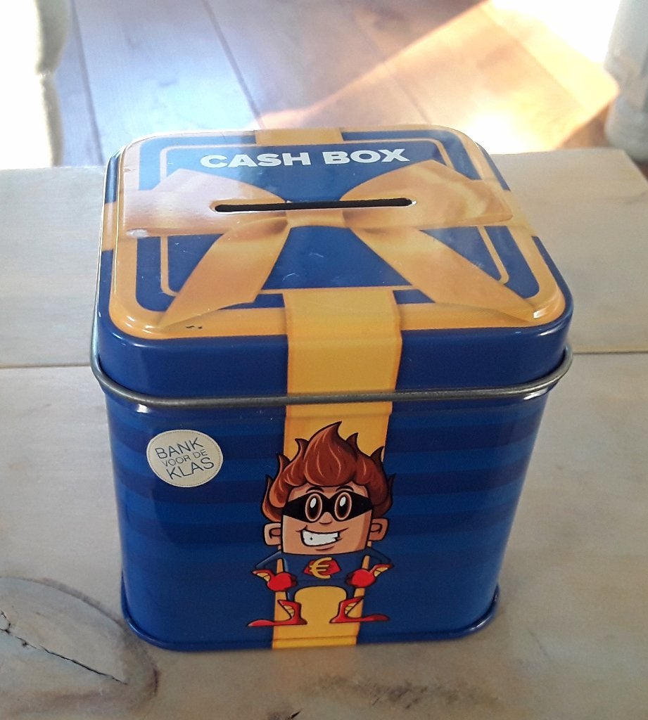 Spaarpot - spaarblik - cash box (met geld leren omgaan), Verzamelen, Ophalen of Verzenden, Gebruikt, Metaal of Blik, Overige thema's