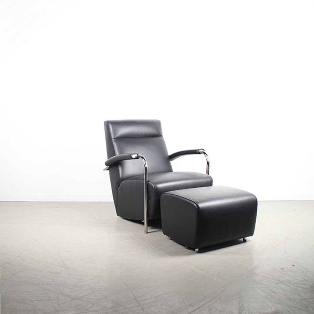 2x Leolux Scylla Fauteuil Hoog Zwart Leer + Hocker – Chroom, Niet ingevuld, Niet ingevuld, Ophalen of Verzenden, Zo goed als nieuw
