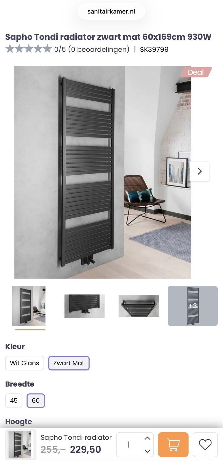 Sapho Tondi design badkamerradiator zwart mat 60x169-T.E.A.B, Ophalen, Radiator, Nieuw, 60 tot 150 cm