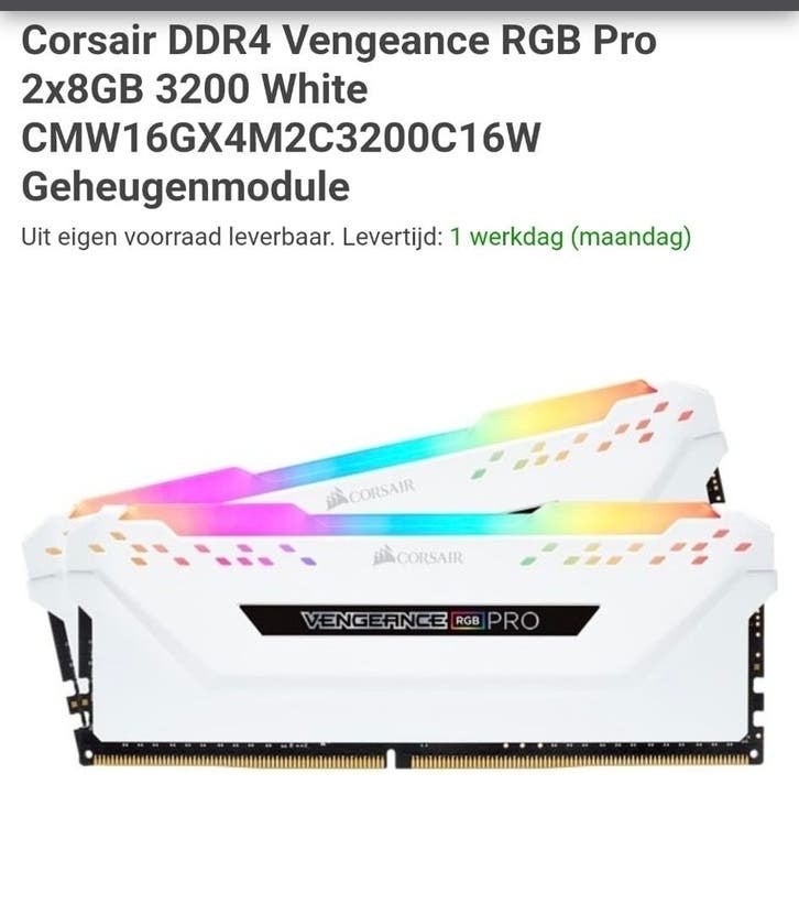 Corsair Vengeance RGB Pro 16GB (2x8GB) DDR4 3200MHz Wit, Computers en Software, RAM geheugen, DDR4, Ophalen of Verzenden, Zo goed als nieuw