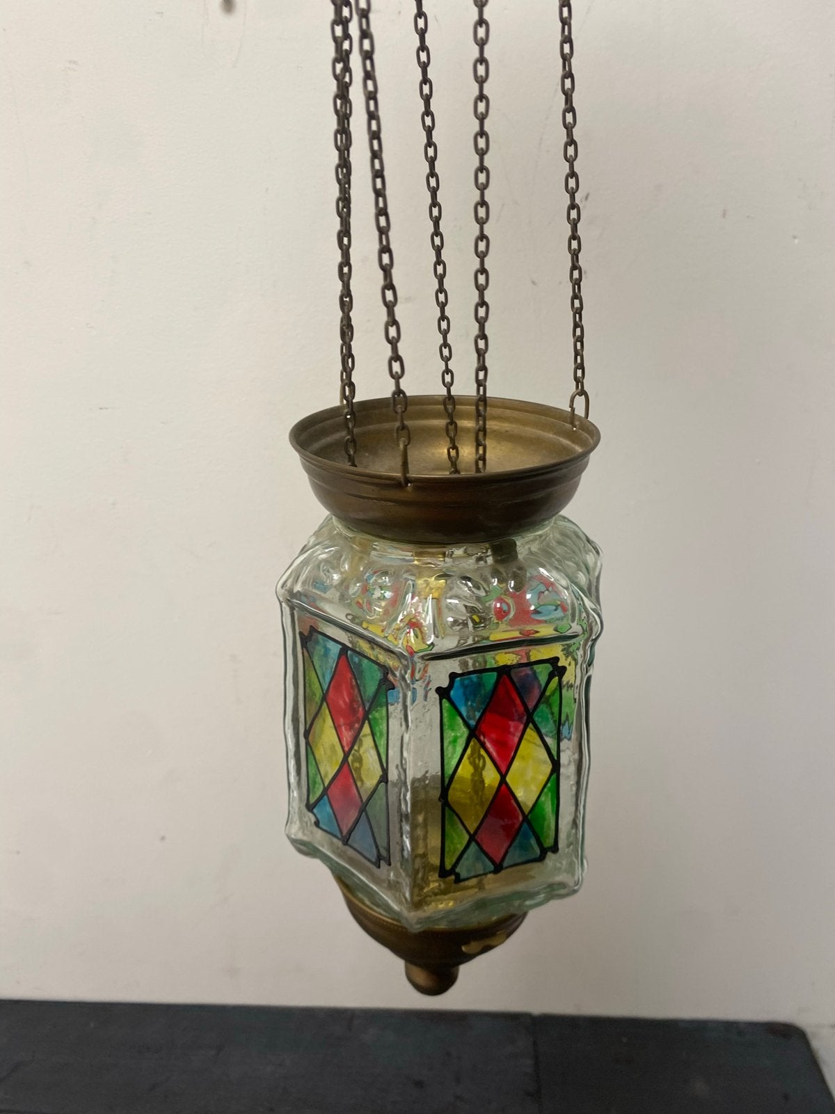 Vintage Godslamp / votieflamp Glas-in-lood Stijl, Ophalen of Verzenden