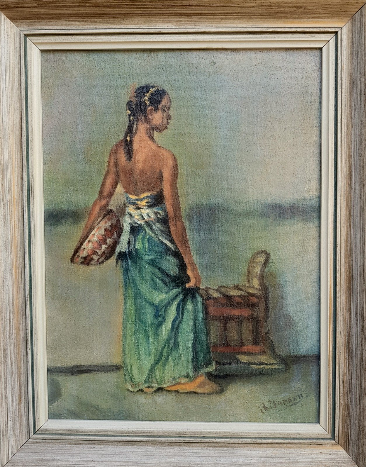 Oud Schilderij Indonesische Vrouw - Gesigneerd Jansen, Antiek en Kunst, Kunst | Schilderijen | Klassiek, Ophalen of Verzenden