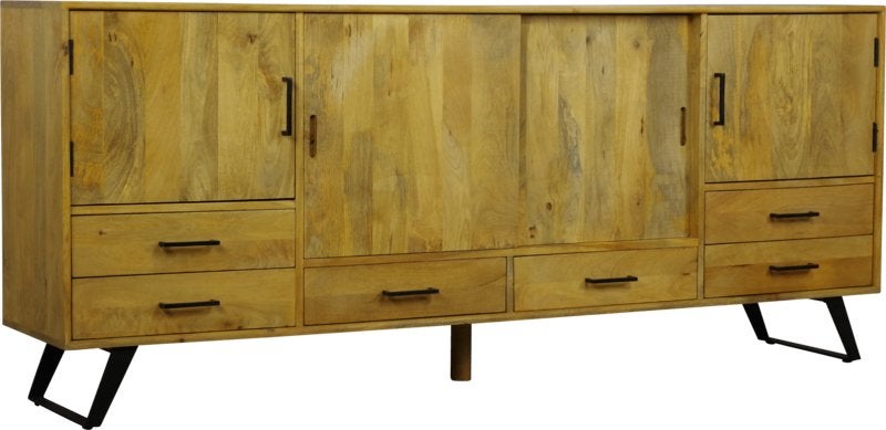 Dressoir Brugge 200 cm massief mangohout met 4 deurs 6 lades, 5 laden of meer, Nieuw, Ophalen of Verzenden, 200 cm of meer