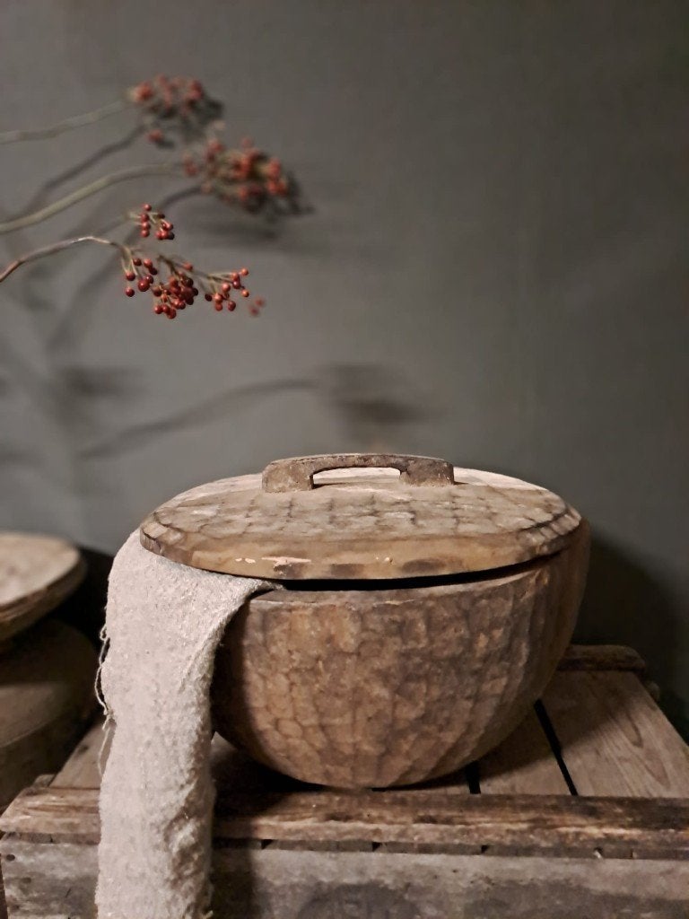 grote oude schaal hout deksel sober stoer pot kruik trog, Huis en Inrichting, Woonaccessoires | Overige, Nieuw, Ophalen of Verzenden
