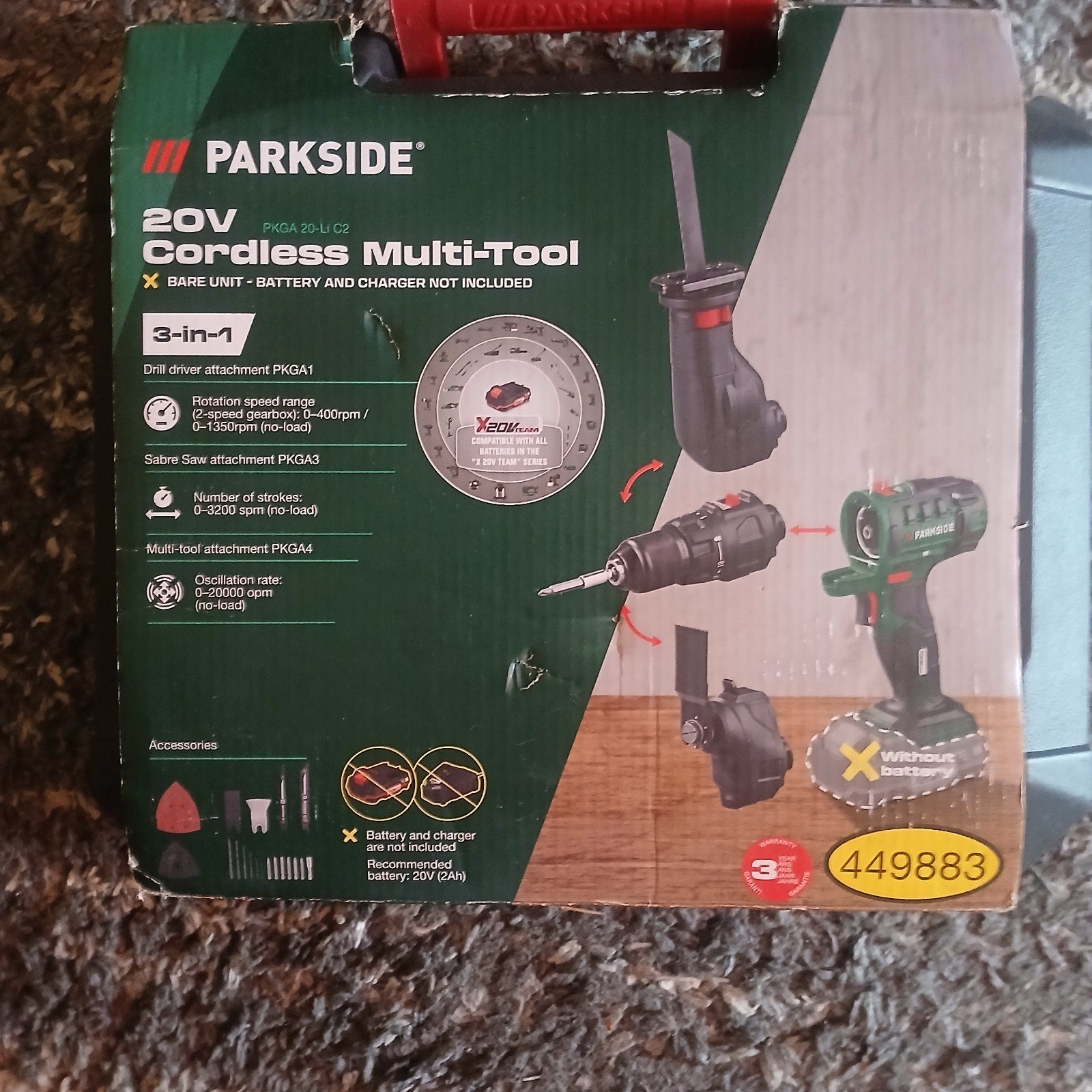 Parkside 20V Accu Multitool 3-in-1 (Boor, Zaag, Schuur), Doe-het-zelf en Verbouw, Gebruikt, Variabele snelheid, Ophalen of Verzenden
