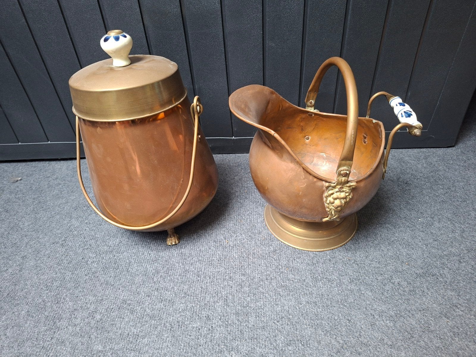 Koperen kolenkit en haardemmer set, Ophalen, Koper